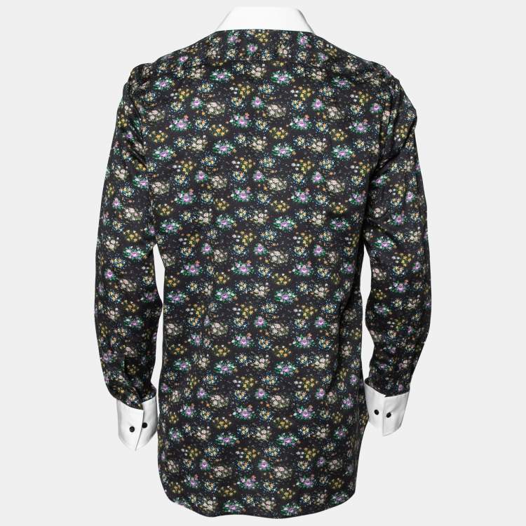 Pre Owned Etro Midnight Blue Floral Printed Cotton Contrast Collar & Cuff Detail Shirt M