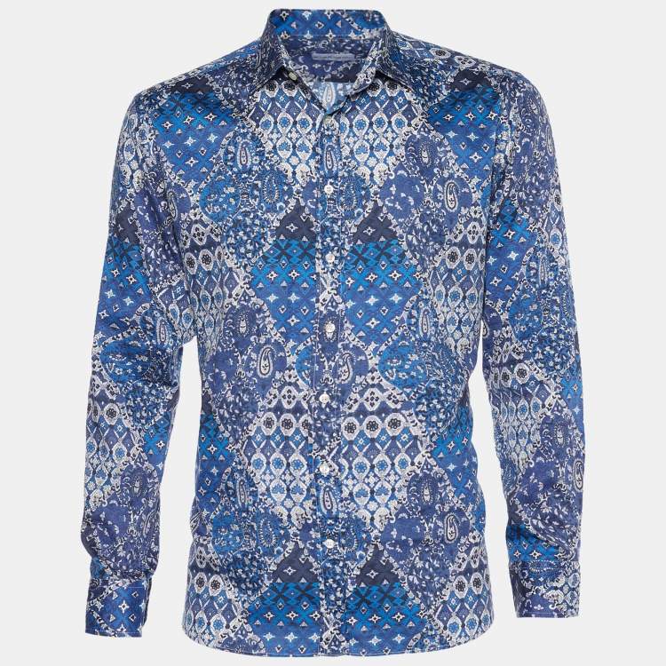 Pre Owned Etro Blue Paisley Print Cotton Button Front Shirt XXL