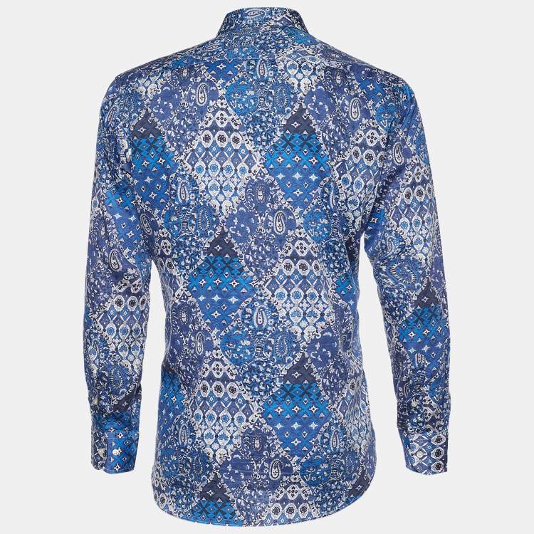 Pre Owned Etro Blue Paisley Print Cotton Button Front Shirt XXL