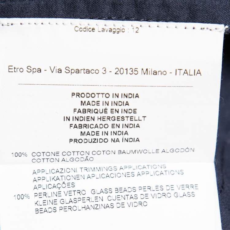 Pre Owned Etro Navy Blue Cotton Hand Embroidered Embellished Button Front Shirt L