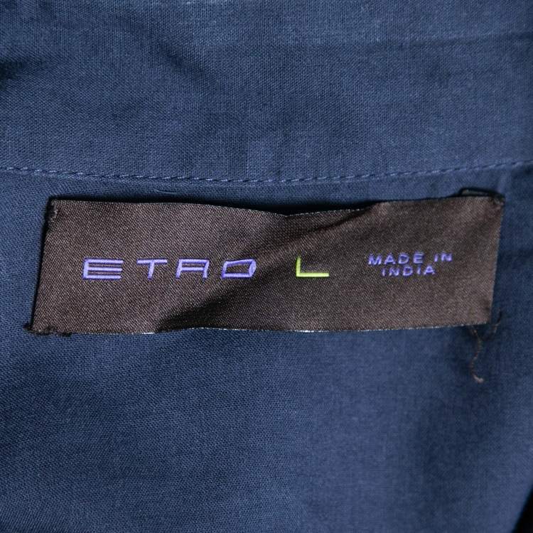 Pre Owned Etro Navy Blue Cotton Hand Embroidered Embellished Button Front Shirt L