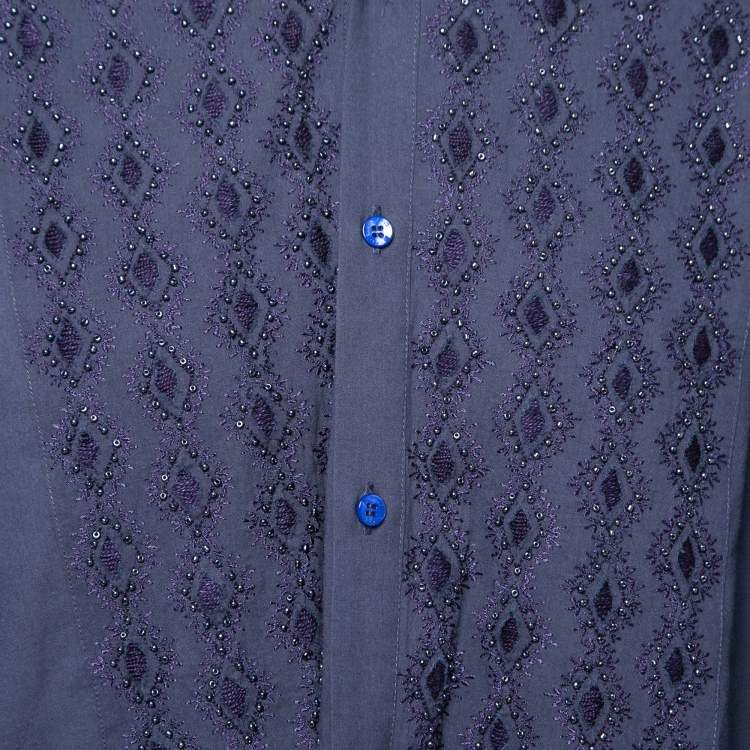 Pre Owned Etro Navy Blue Cotton Hand Embroidered Embellished Button Front Shirt L