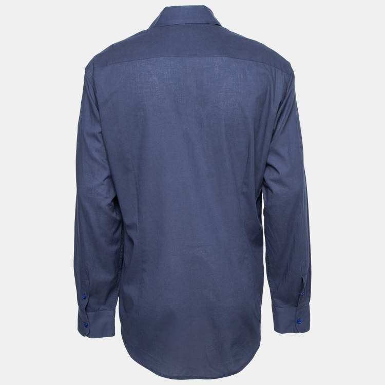 Pre Owned Etro Navy Blue Cotton Hand Embroidered Embellished Button Front Shirt L