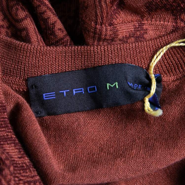 Pre Owned Etro Terracota Paisley Printed Knit V-Neck Sweater M