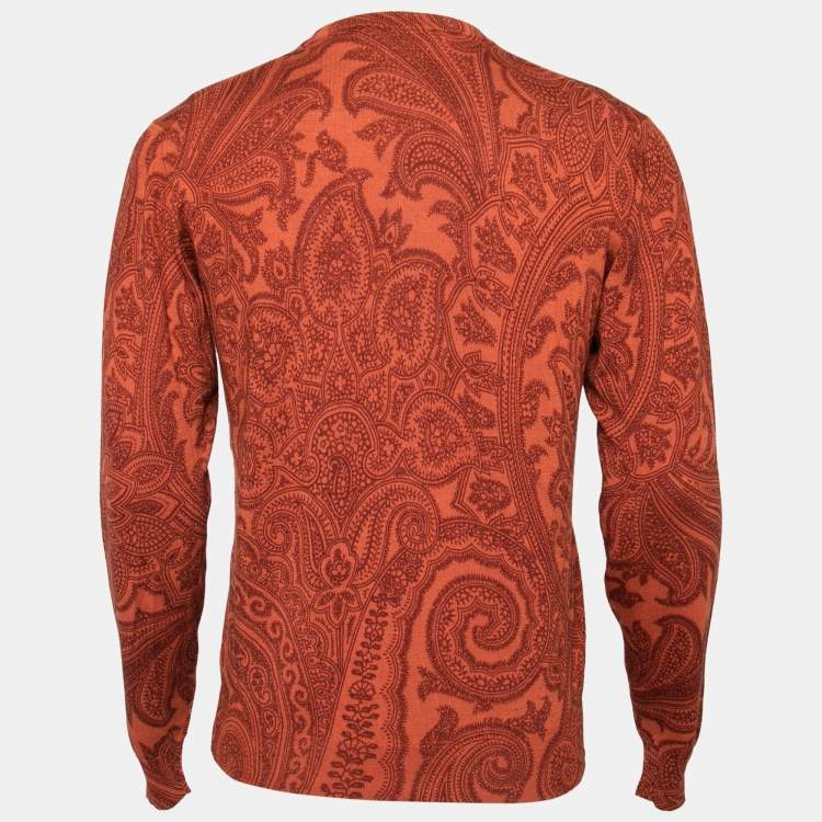 Pre Owned Etro Terracota Paisley Printed Knit V-Neck Sweater M