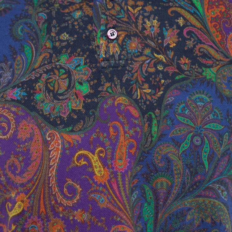 Pre Owned Etro Blue Paisley Printed Cotton Polo T-Shirt M