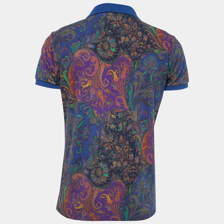 Pre Owned Etro Blue Paisley Printed Cotton Polo T-Shirt M