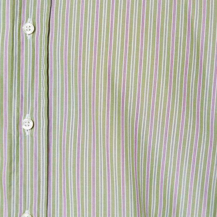 Pre Owned Etro Green Striped Cotton Button Front Shirt L