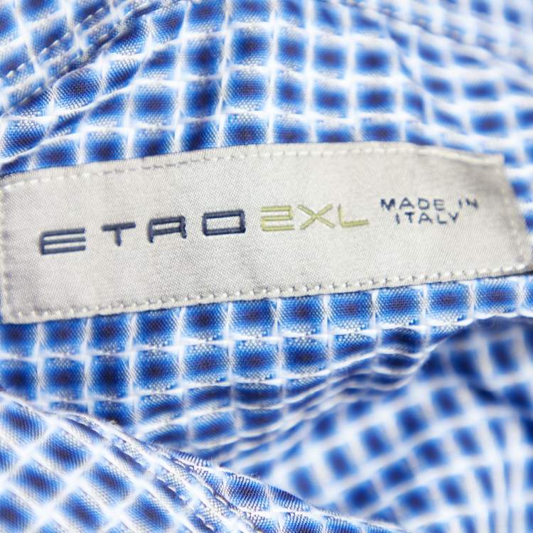 Pre Owned Etro Blue Square Pattern Cotton Button Front Shirt 2XL