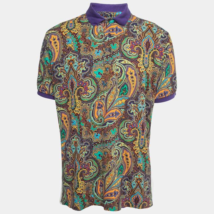 Pre Owned Etro Purple Paisley Printed Cotton Polo T-Shirt XL