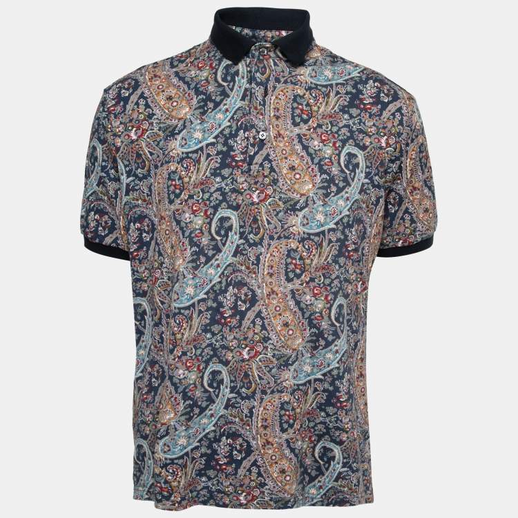 Pre Owned Etro Navy Blue Paisley Printed Cotton Polo T-Shirt XL