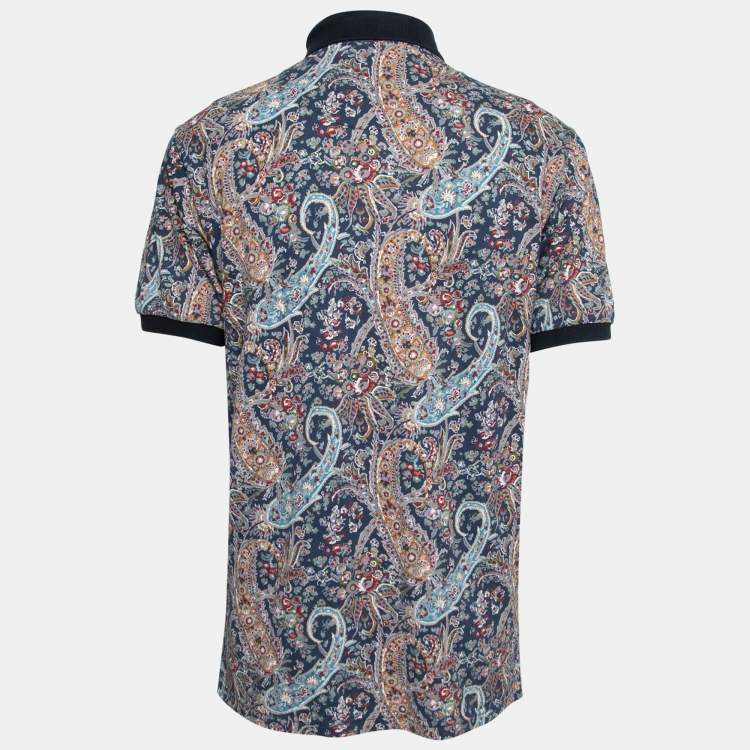 Pre Owned Etro Navy Blue Paisley Printed Cotton Polo T-Shirt XL