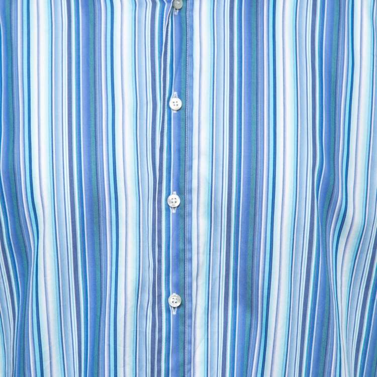 Pre Owned Etro Blue Striped Cotton Contrast Collar & Cuff Full Sleeve Shirt L
