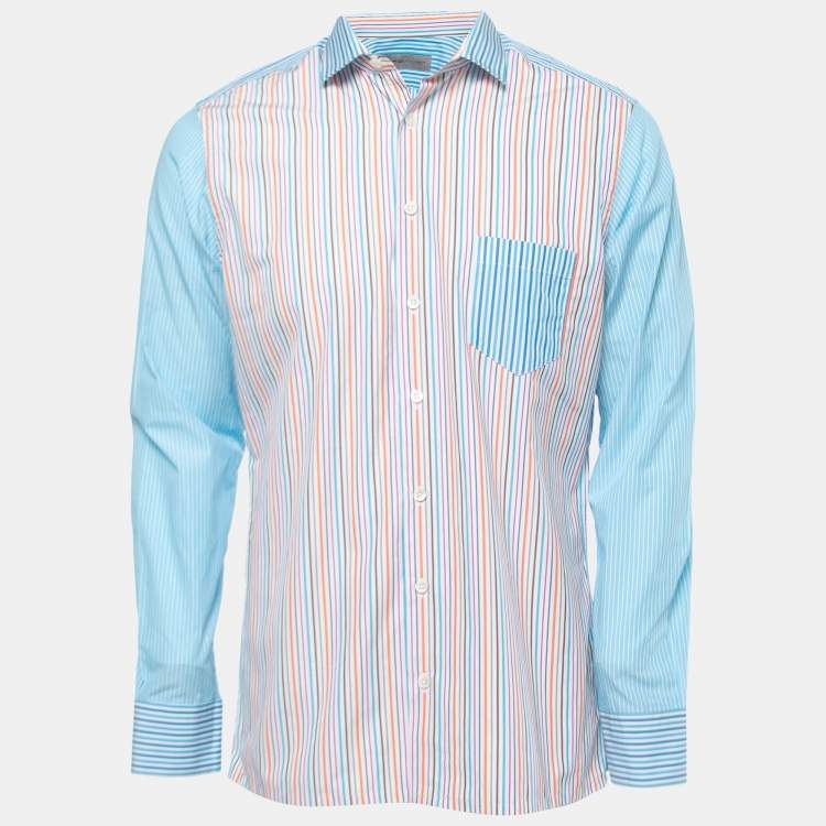 Pre Owned Etro Blue Multicolor Striped Cotton Button Front Shirt L
