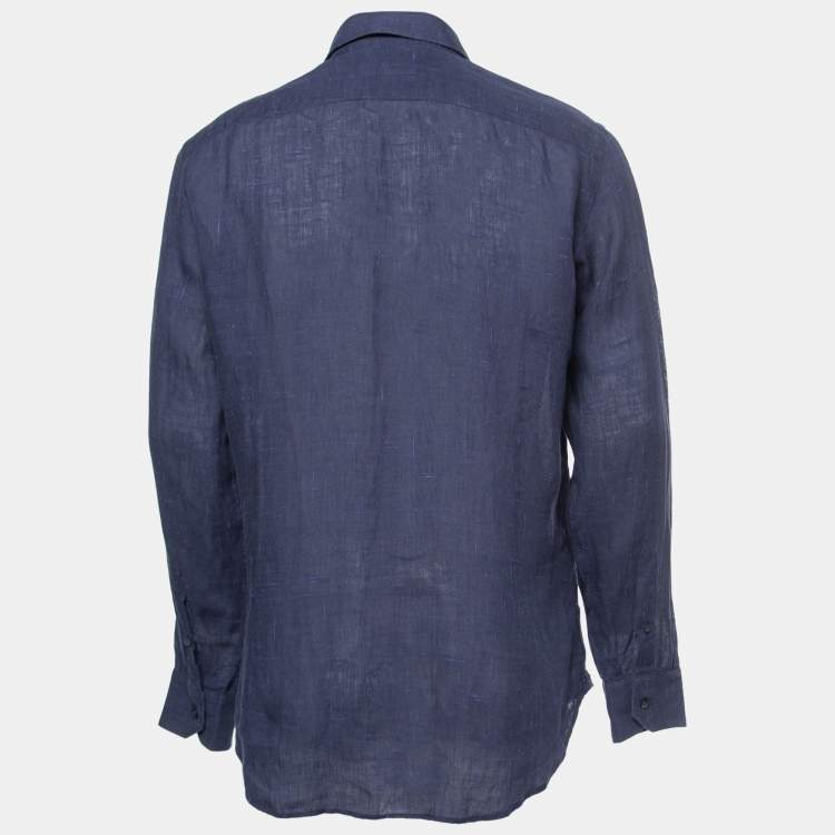 Pre Owned Etro Navy Blue Linen Full Sleeve Shirt XL