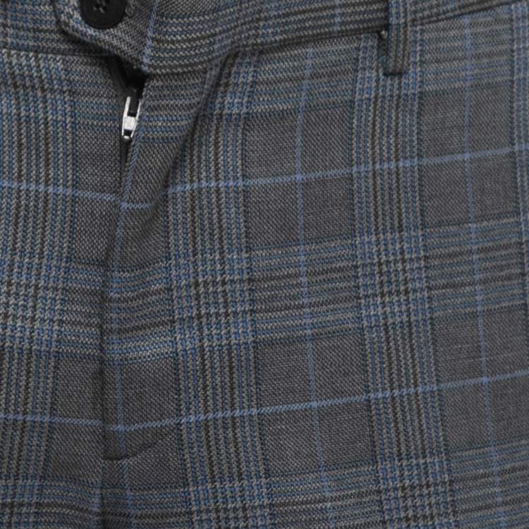 Pre Owned Etro Grey/Blue Plaid Wool Tailored Pants L