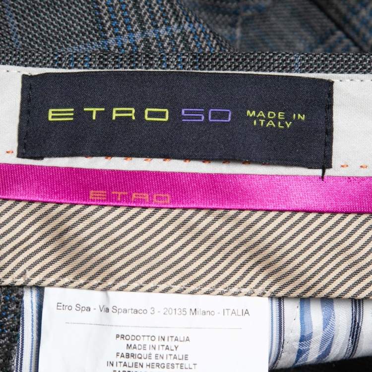 Pre Owned Etro Grey/Blue Plaid Wool Tailored Pants L
