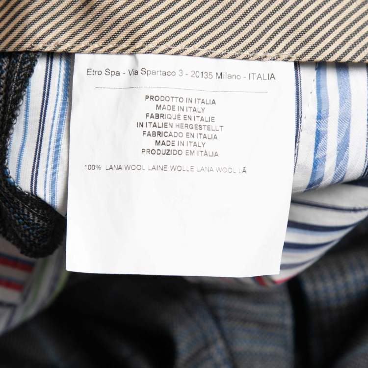 Pre Owned Etro Grey/Blue Plaid Wool Tailored Pants L