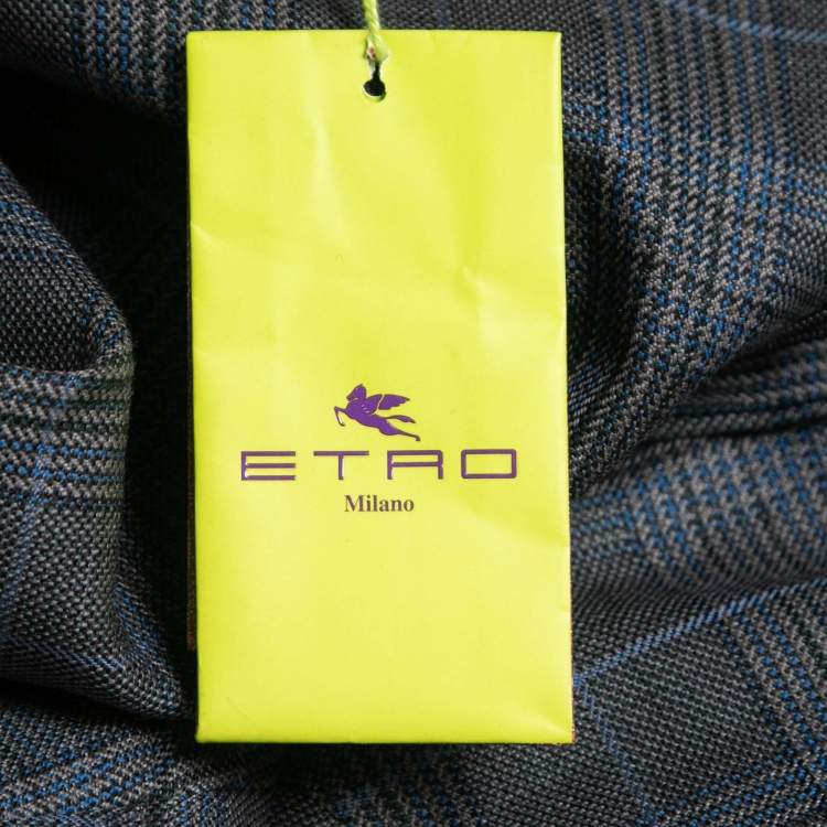Pre Owned Etro Grey/Blue Plaid Wool Tailored Pants L