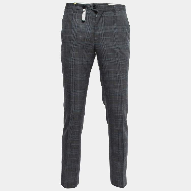 Pre Owned Etro Grey/Blue Plaid Wool Tailored Pants L
