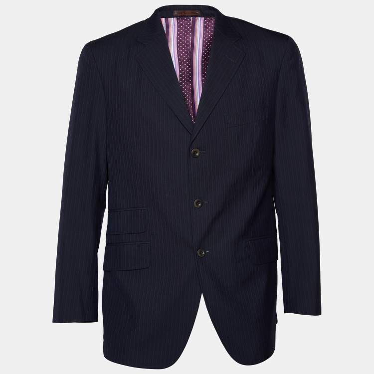 Pre Owned Etro Navy Blue Pinstriped Wool Suit XL