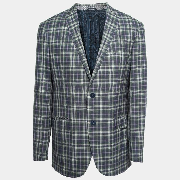 Pre Owned Etro Blue/Green Plaid Wool Single Breasted Superleggera Blazer XXL