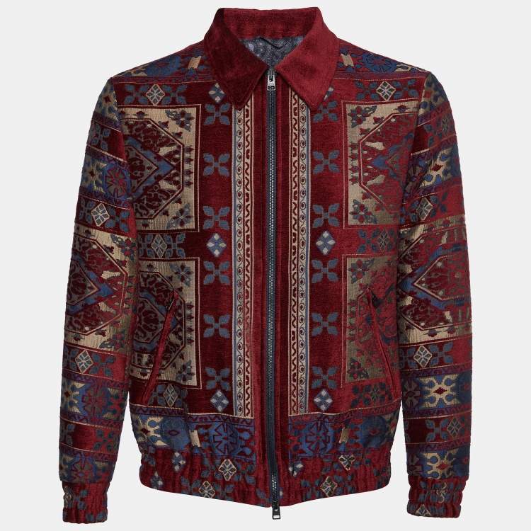 Pre Owned Etro Maroon Red Wool & Modal Tribal Pattern Bomber Jacket M