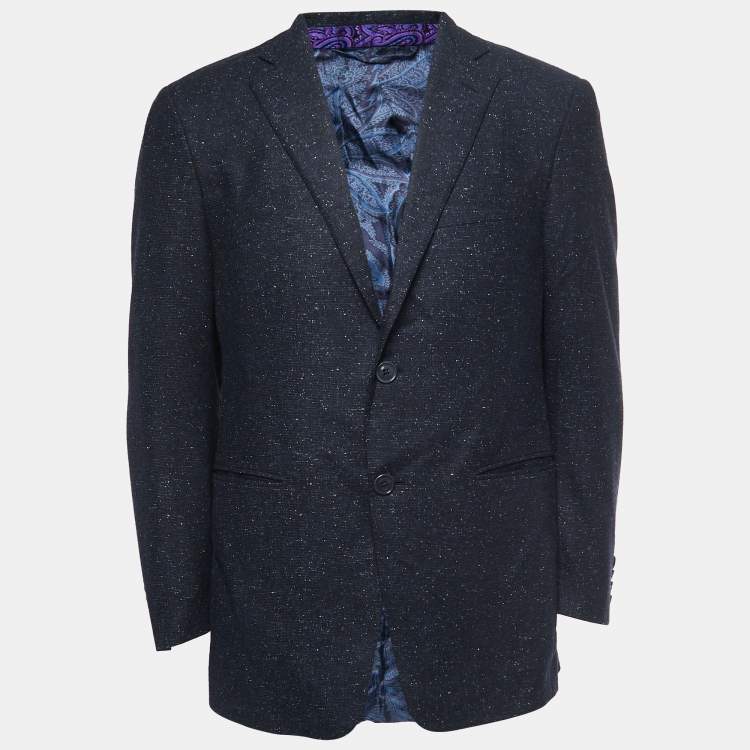 Pre Owned Etro Navy Blue Patterned Wool Blend Single Breasted Blazer L