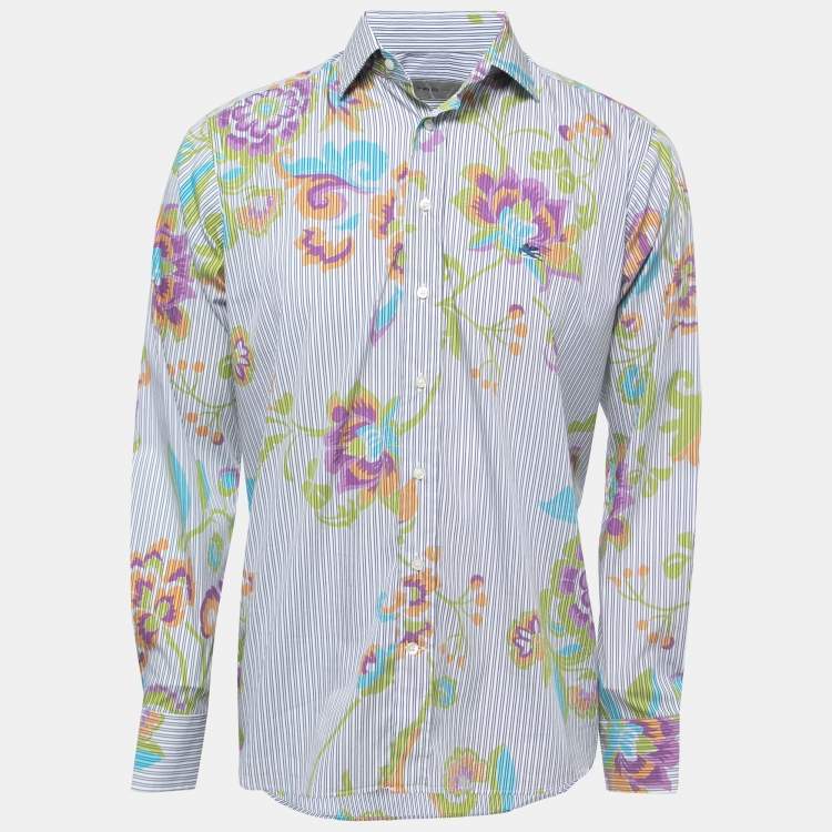 Pre Owned Etro Blue Floral Striped Printed Cotton Button Front Shirt L