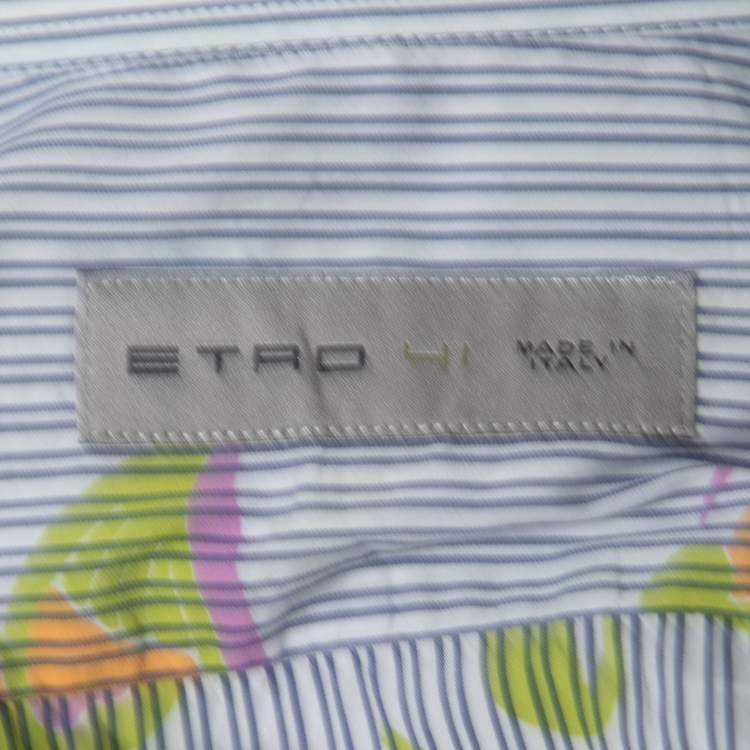 Pre Owned Etro Blue Floral Striped Printed Cotton Button Front Shirt L