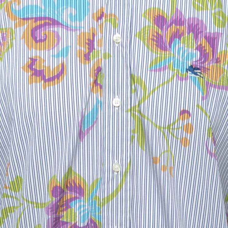 Pre Owned Etro Blue Floral Striped Printed Cotton Button Front Shirt L