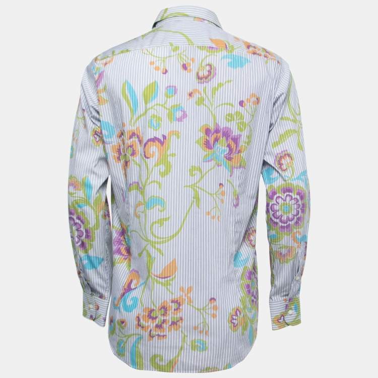 Pre Owned Etro Blue Floral Striped Printed Cotton Button Front Shirt L