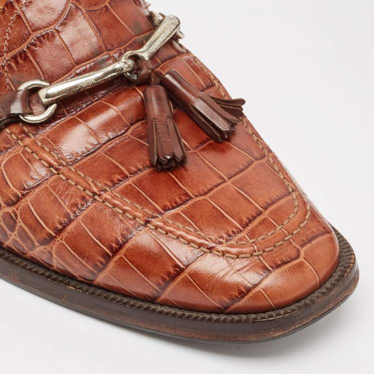 Pre Owned Etro Brown Embossed Crocodile Tassel Buckle Loafers Size 43
