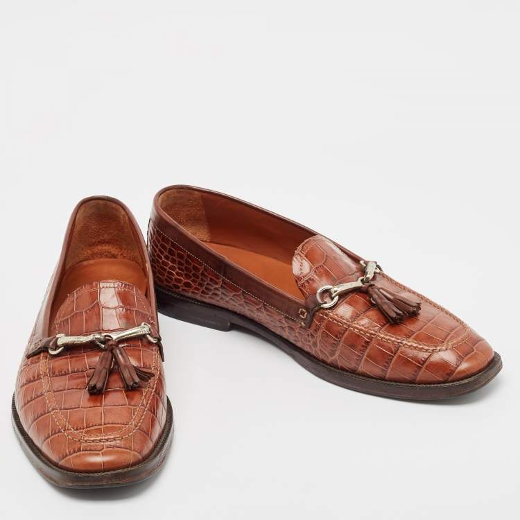 Pre Owned Etro Brown Embossed Crocodile Tassel Buckle Loafers Size 43