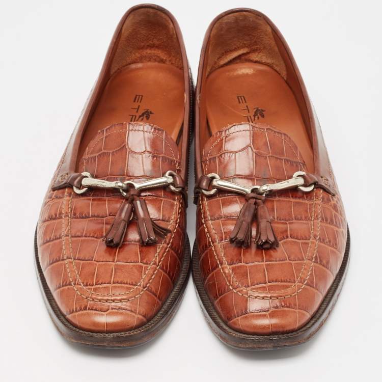 Pre Owned Etro Brown Embossed Crocodile Tassel Buckle Loafers Size 43