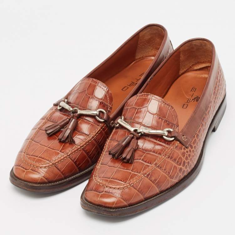 Pre Owned Etro Brown Embossed Crocodile Tassel Buckle Loafers Size 43