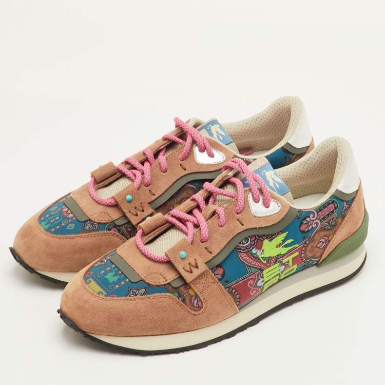 Pre Owned Etro Size 42 Multicolor Paisley Print Fabric and Suede Low Top Sneakers