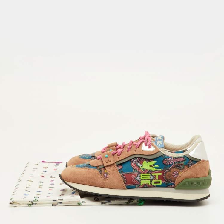 Pre Owned Etro Size 42 Multicolor Paisley Print Fabric and Suede Low Top Sneakers