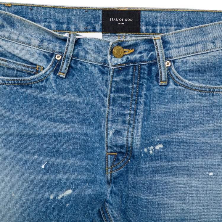 Pre Owned Fear of God Blue Denim Zip Detail Painters Selvedge Jeans S