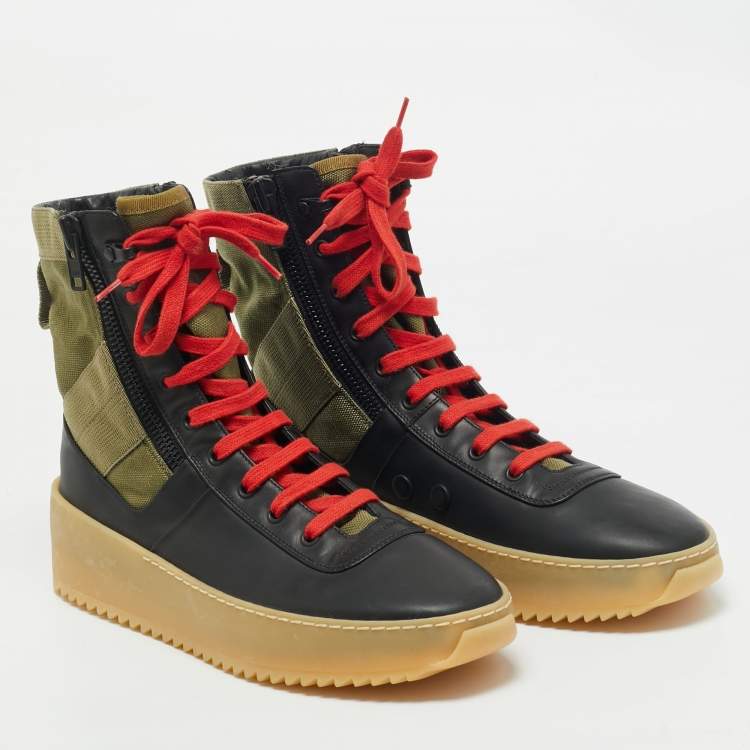 Pre Owned Fear Of God Green/Black Leather and Canvas Jungle High Top Sneakers Size 41
