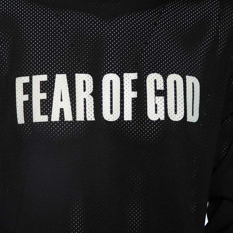 Pre Owned Fear of God Black Synthetic Logo Print Long Sleeved Mesh-Jersey T-Shirt S