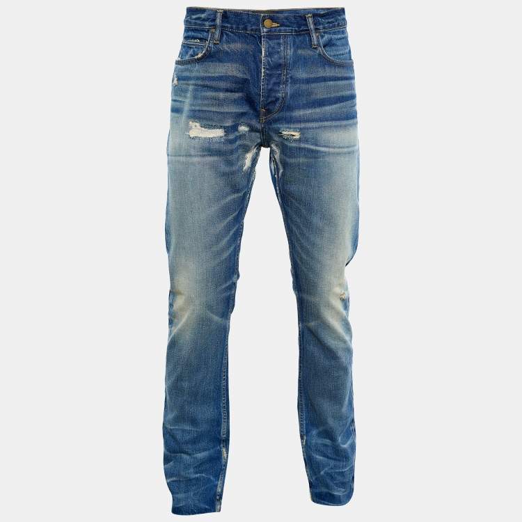 Pre Owned Fear of God Blue Denim Distressed Straight Fit Jeans M