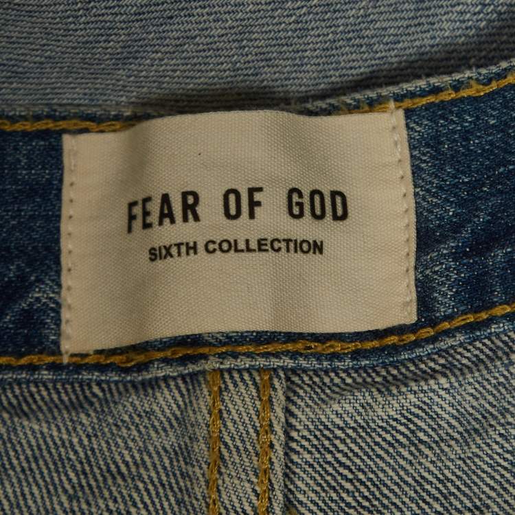 Pre Owned Fear of God Blue Denim Knee Ripped Jeans M Waist 33''