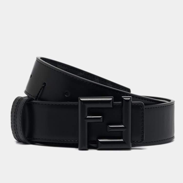 Pre Owned Fendi Black Zucca Coated Canvas and Leather FF Reversible Buckle Belt
