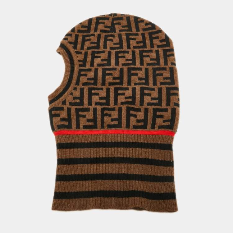 Pre Owned Fendi Brown Zucca Wool Knit Balaclava One Size 