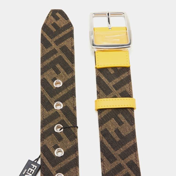 Pre Owned Fendi Tobacco/Mustard Zucca Canvas and Leather Trim Buckle Belt 95CM