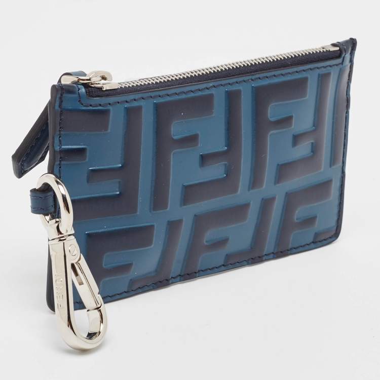 Pre Owned Fendi Blue Zucca Embossed Leather Coin Purse