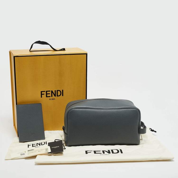 Pre Owned Fendi Grey Leather Travel Kit Pouch with Passport Holder