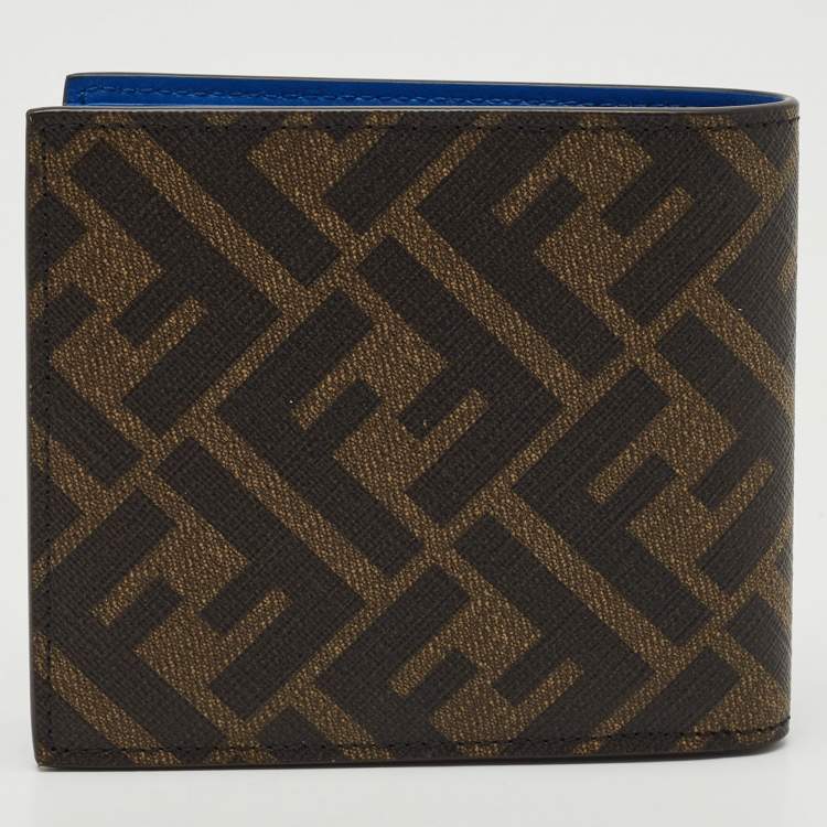 Pre Owned Fendi Tobacco/Blue Zucca and Leather Bifold Wallet