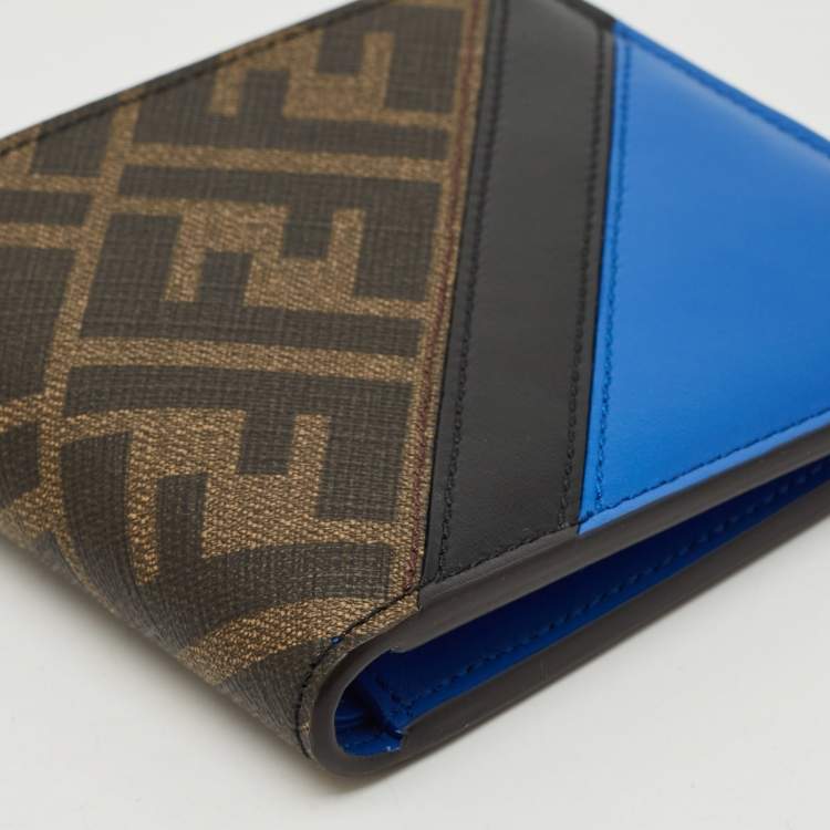 Pre Owned Fendi Tobacco/Blue Zucca and Leather Bifold Wallet